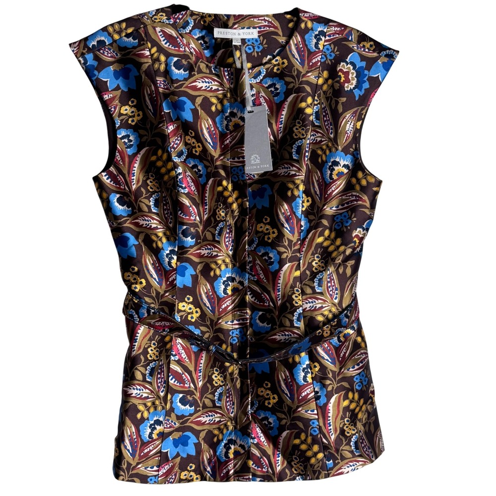 Preston & York Floral Dark Academia Belted Blouse Size 6 Sleeveless NWT